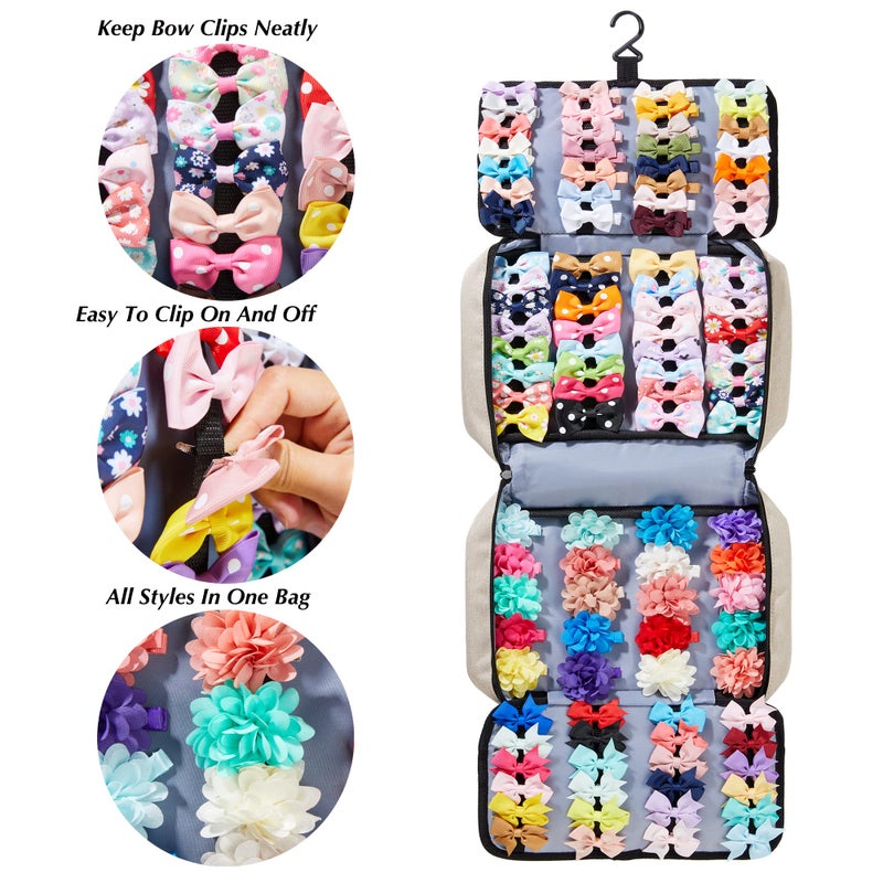 HUHYNN Hair Accessories Organizer for Girls, Hair Accessories Storage Bag, Hair Bow Storage Organaizer for Girls with Multi-Compartments, Baby Hair Accessories Organizer for Travel (Beige) - Image 5